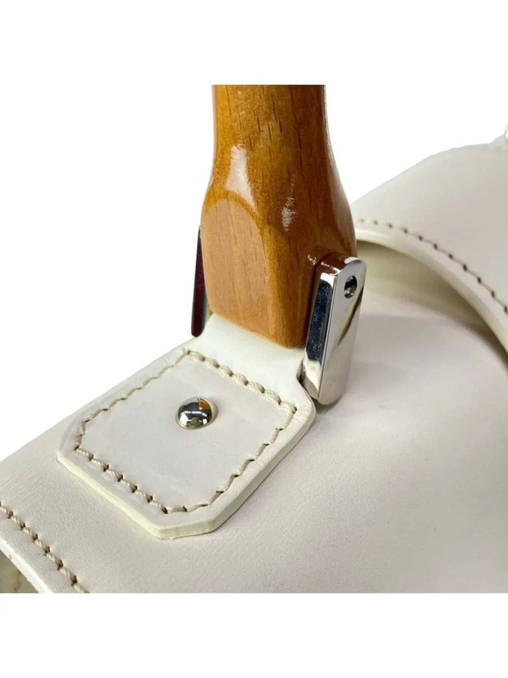 Goyard Handbag Saigon PM White Gray Brown Wood Handle Leather